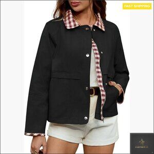Cropped Bomber Jacket Plaid Casual Lightweight Zip Up Cargo Pockets Y2K